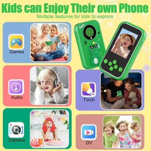 Telefon copii model dinozaur verde cu camera jocuri muzica si ecran color