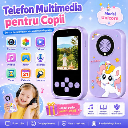 Telefon copii model unicorn mov cu camera jocuri muzica si ecran color