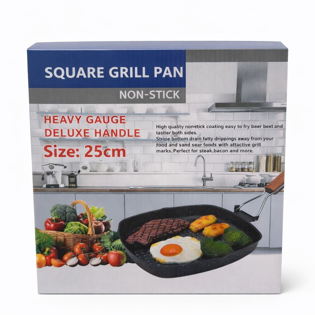 Tigaie grill patrata 25 cm cu strat antiaderent si maner din lemn