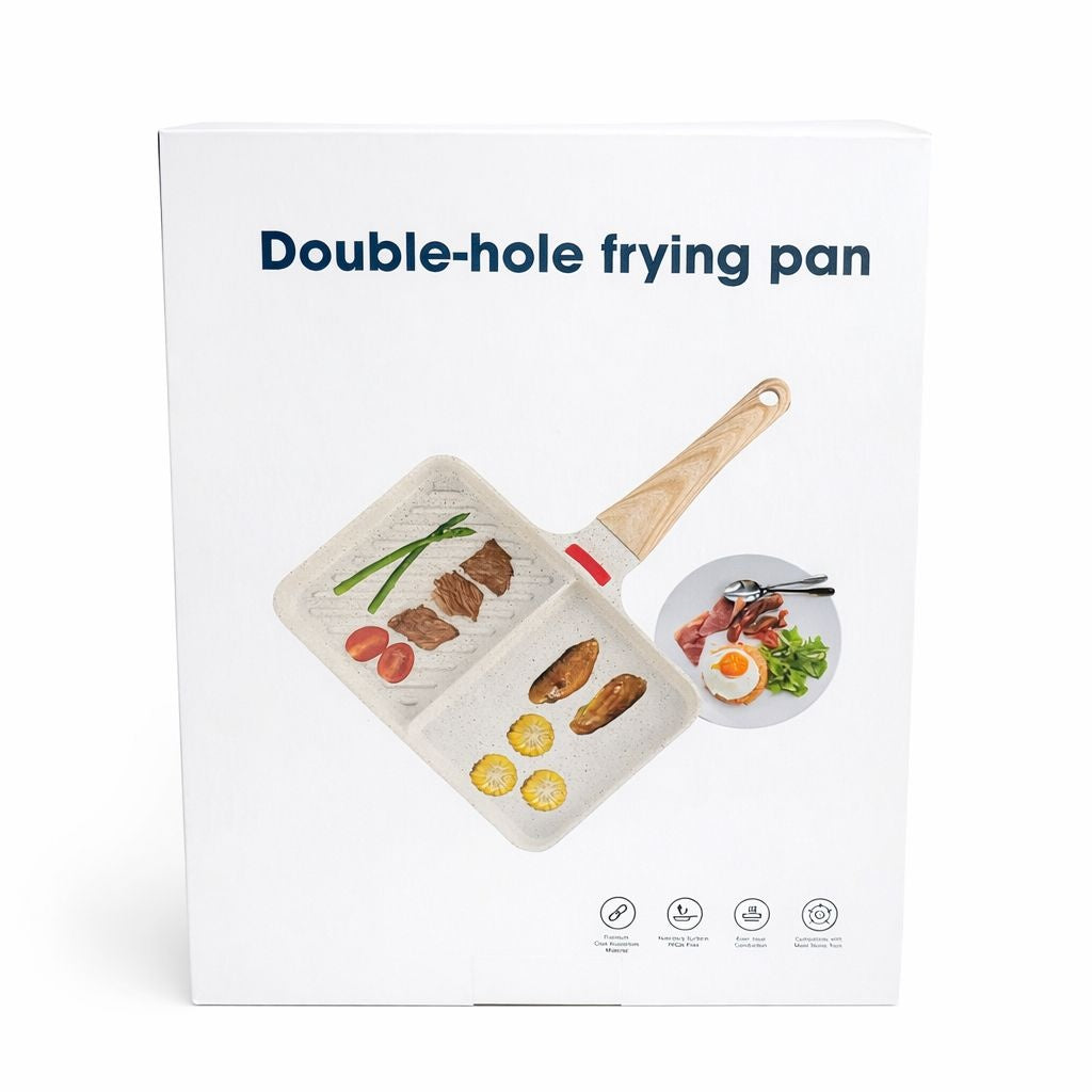 Tigaie non-stick cu două compartimente și mâner din lemn