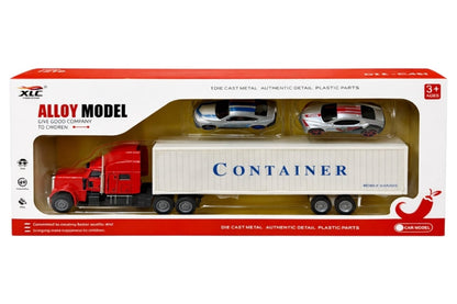 Tir die-cast din metal cu piese din plastic, roșu, cu 2 mașini de jucărie, dimensiuni 34x15x5 cm