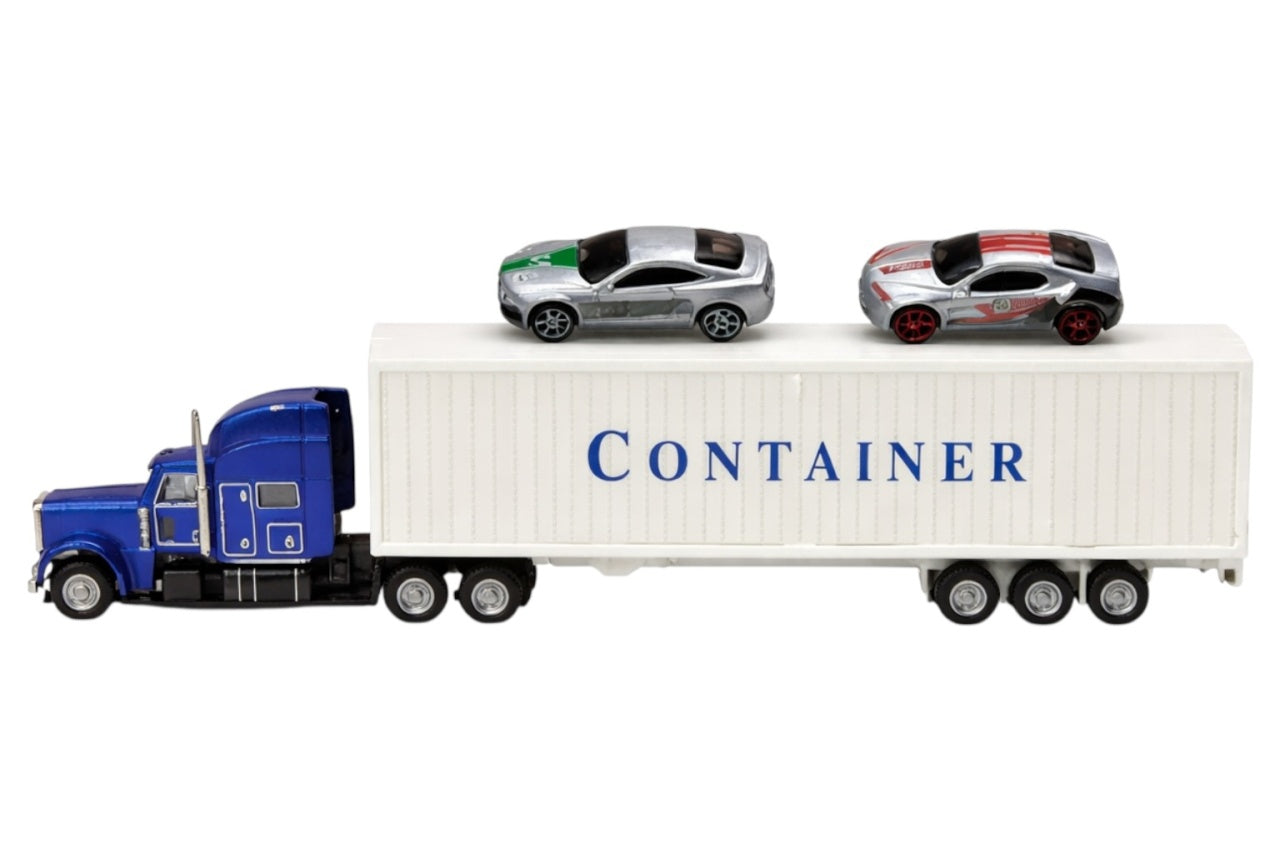 Tir din metal Die-Cast XLC cu părți din plastic albastru și 2 mașini - Dimensiuni: 34x15x5 cm