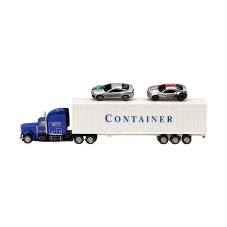 Tir din metal Die-Cast XLC cu părți din plastic albastru și 2 mașini - Dimensiuni: 34x15x5 cm