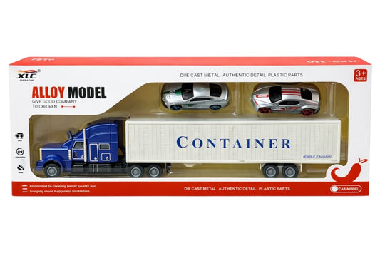 Tir din metal Die-Cast XLC cu părți din plastic albastru și 2 mașini - Dimensiuni: 34x15x5 cm