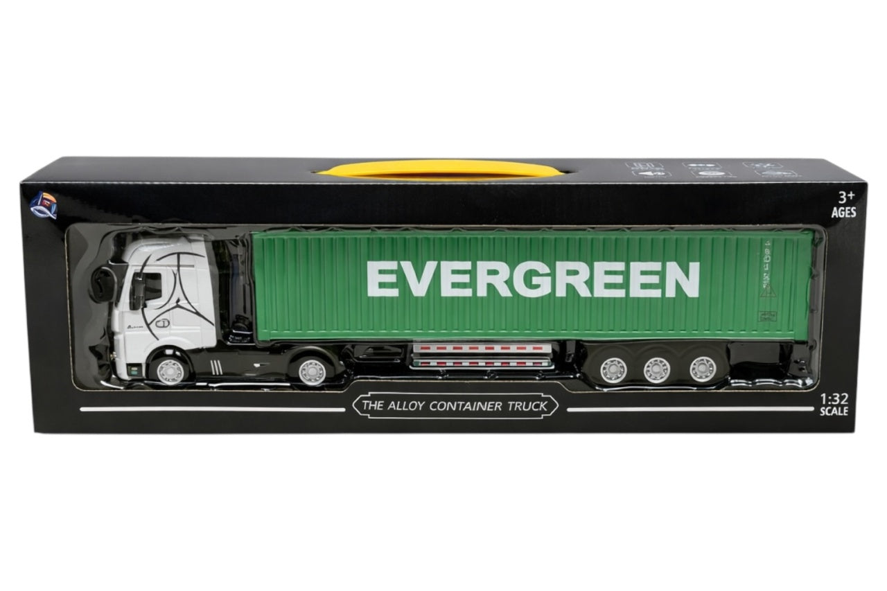 Tir metalic premium 1:32 alb cu container verde lumini sunete 42 cm colectie