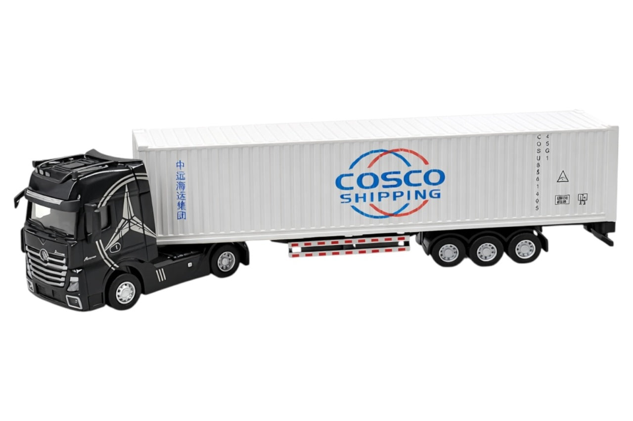 Tir metalic premium 1:32 negru cu container alb lumini sunete 42 cm model colectie