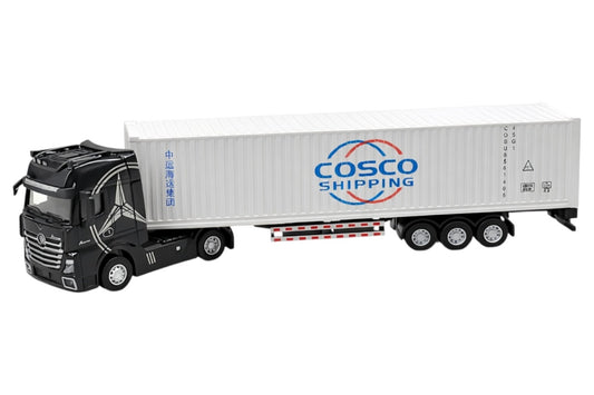 Tir metalic premium 1:32 negru cu container alb lumini sunete 42 cm model colectie
