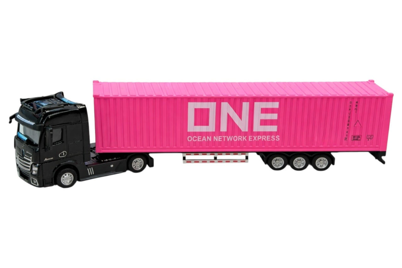 Tir metalic premium 1:32 negru cu container roz lumini sunete 42 cm colectie