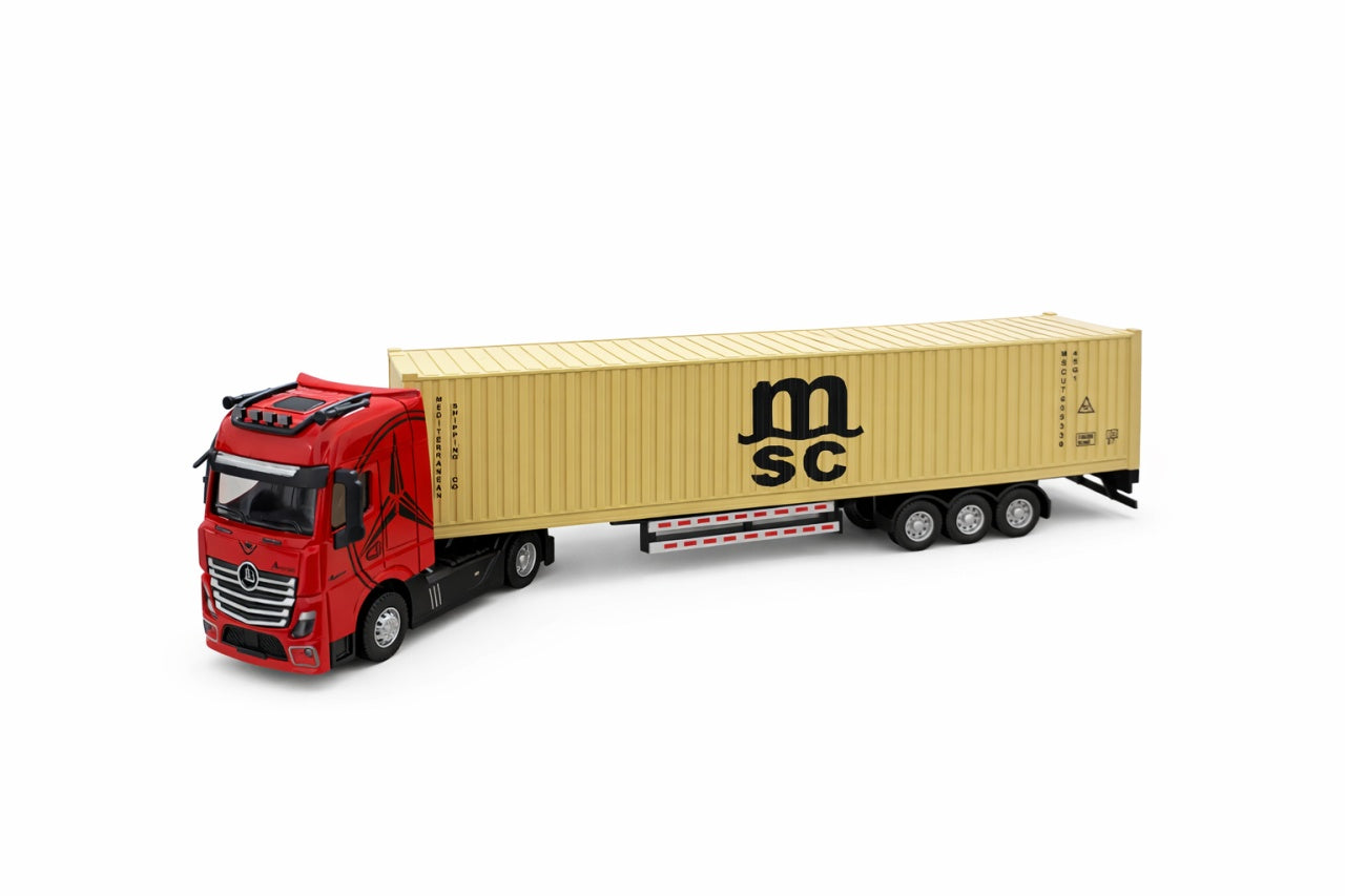 Tir metalic premium 1:32 rosu cu container auriu lumini sunete 42 cm colectie