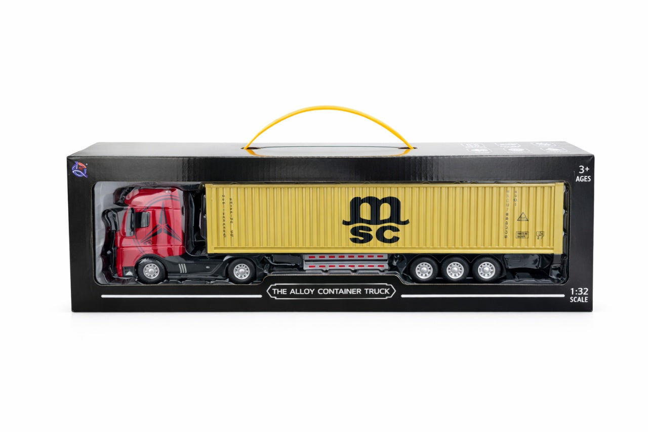 Tir metalic premium 1:32 rosu cu container auriu lumini sunete 42 cm colectie