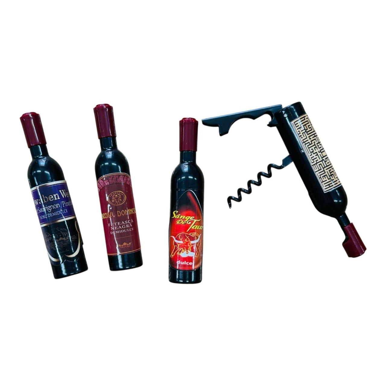 Tirbuson forma sticla de vin 12cm , desfacator creativ si compact, model combinat, ideal pentru cadouri si accesorii bar,