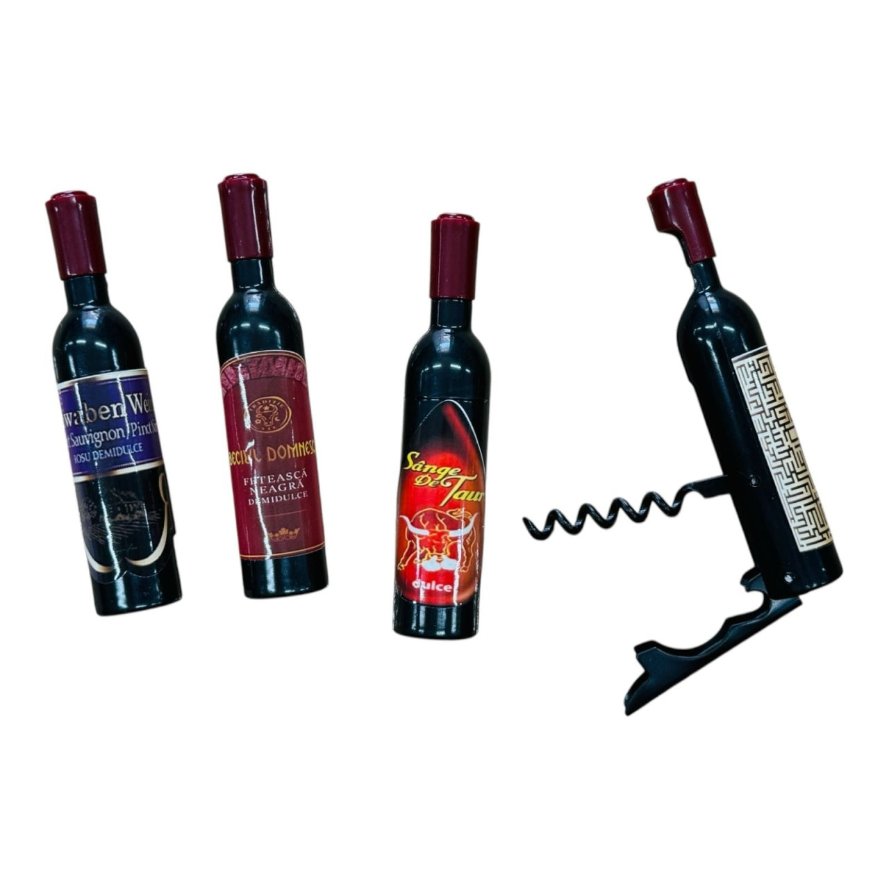 Tirbuson forma sticla de vin 12cm , desfacator creativ si compact, model combinat, ideal pentru cadouri si accesorii bar,