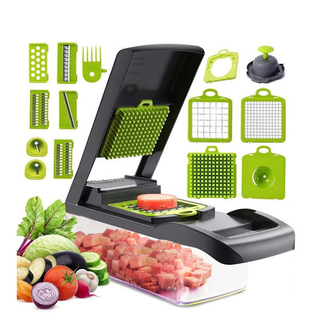 Tocator manual multifunctional legume 14 piese, feliere si cuburi, recipient colectare