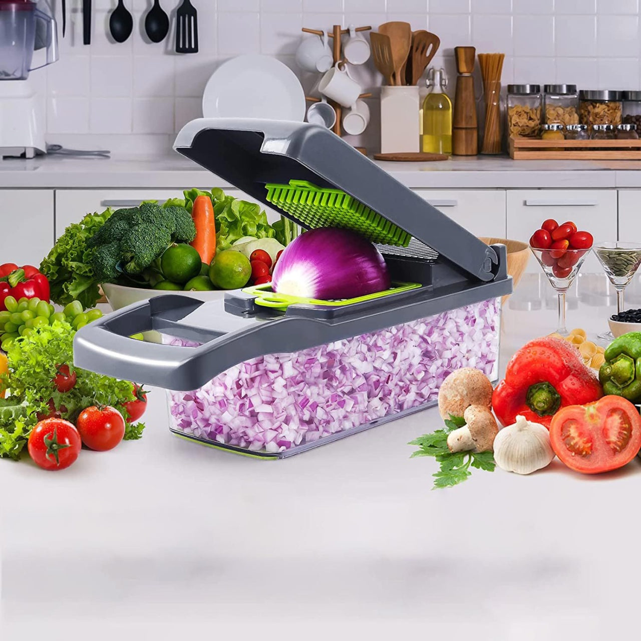 Tocator manual multifunctional legume 14 piese, feliere si cuburi, recipient colectare