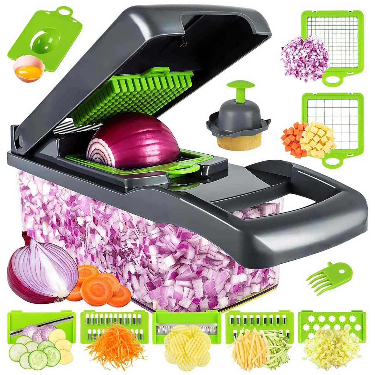 Tocator manual multifunctional legume 14 piese, feliere si cuburi, recipient colectare