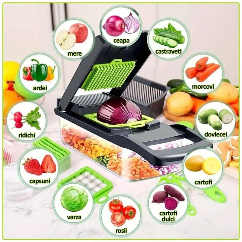 Tocator manual multifunctional legume 14 piese, feliere si cuburi, recipient colectare
