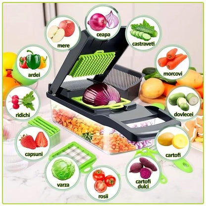 Tocator manual multifunctional legume 14 piese, feliere si cuburi, recipient colectare