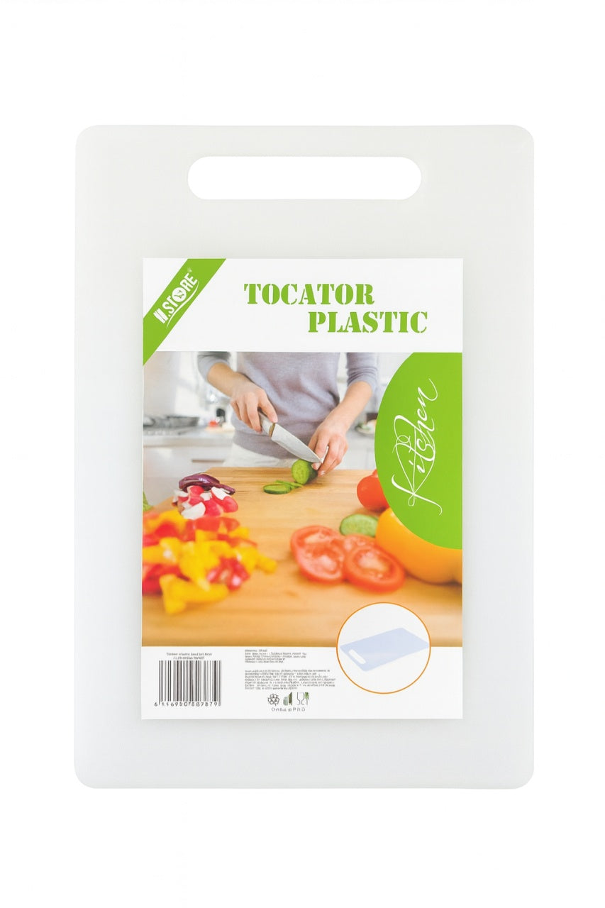 Tocator Plastic 34x23x0.6 cm cu Maner, Alb, Rezistent si Usor de Curatat