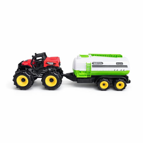Tractor cu remorca cisterna apa, jucarie copii, rosu cu verde, Farm Car