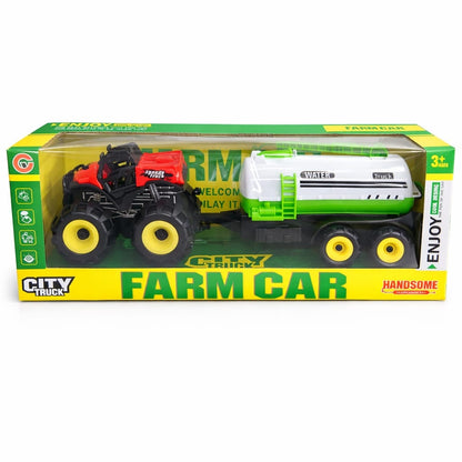 Tractor cu remorca cisterna apa, jucarie copii, rosu cu verde, Farm Car