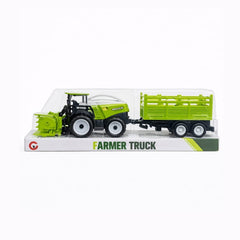 Tractor jucărie verde cu remorcă, din plastic, manevrare manuală