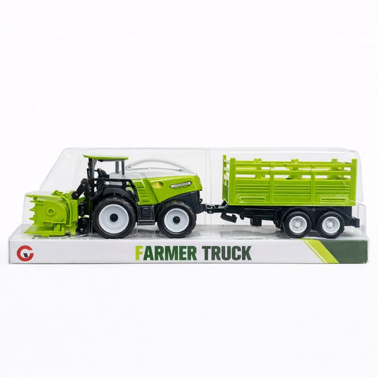 Tractor jucărie verde cu remorcă, din plastic, manevrare manuală