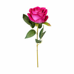 Trandafir artificial fucsia cu petale catifelate si frunze 46 cm calitate superioara