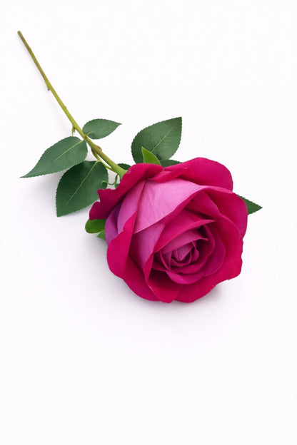 Trandafir artificial fucsia cu petale catifelate si frunze 46 cm calitate superioara