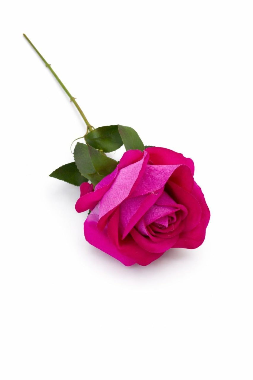 Trandafir artificial fucsia cu petale catifelate si frunze 46 cm calitate superioara