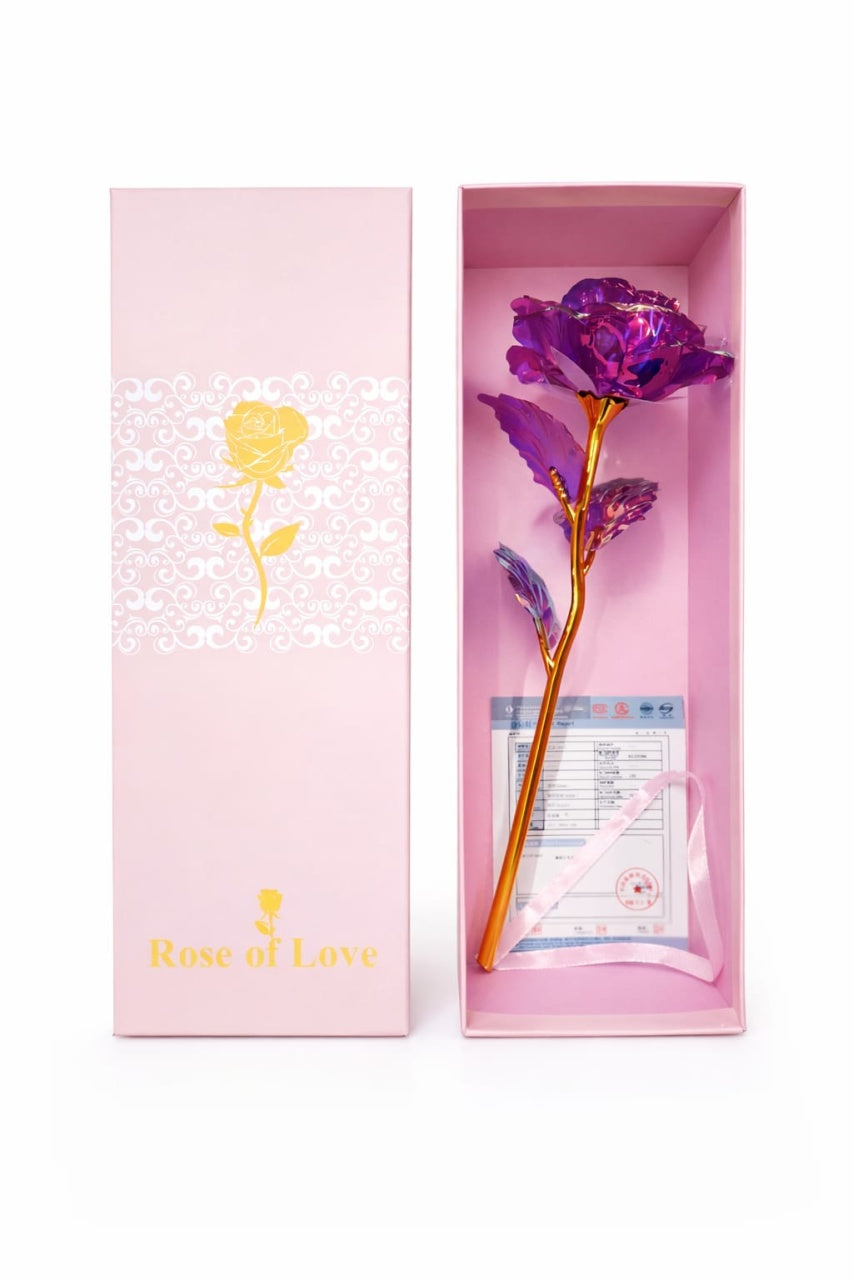 Trandafir decorativ mov cu tulpina aurie in cutie 26x9x6 cm, cadou primavara elegant