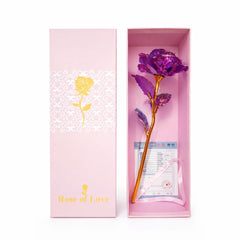 Trandafir decorativ mov cu tulpina aurie in cutie 26x9x6 cm, cadou primavara elegant