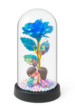 Trandafir Etern Albastru in Cupola Plastic 20 cm Lumini LED , Figurine Indragostiti Cutie Cadou