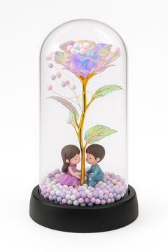 Trandafir Etern Irizat in Cupola Plastic 20 cm Lumini LED , Figurine Indragostiti Baterii Incluse Cutie Cadou