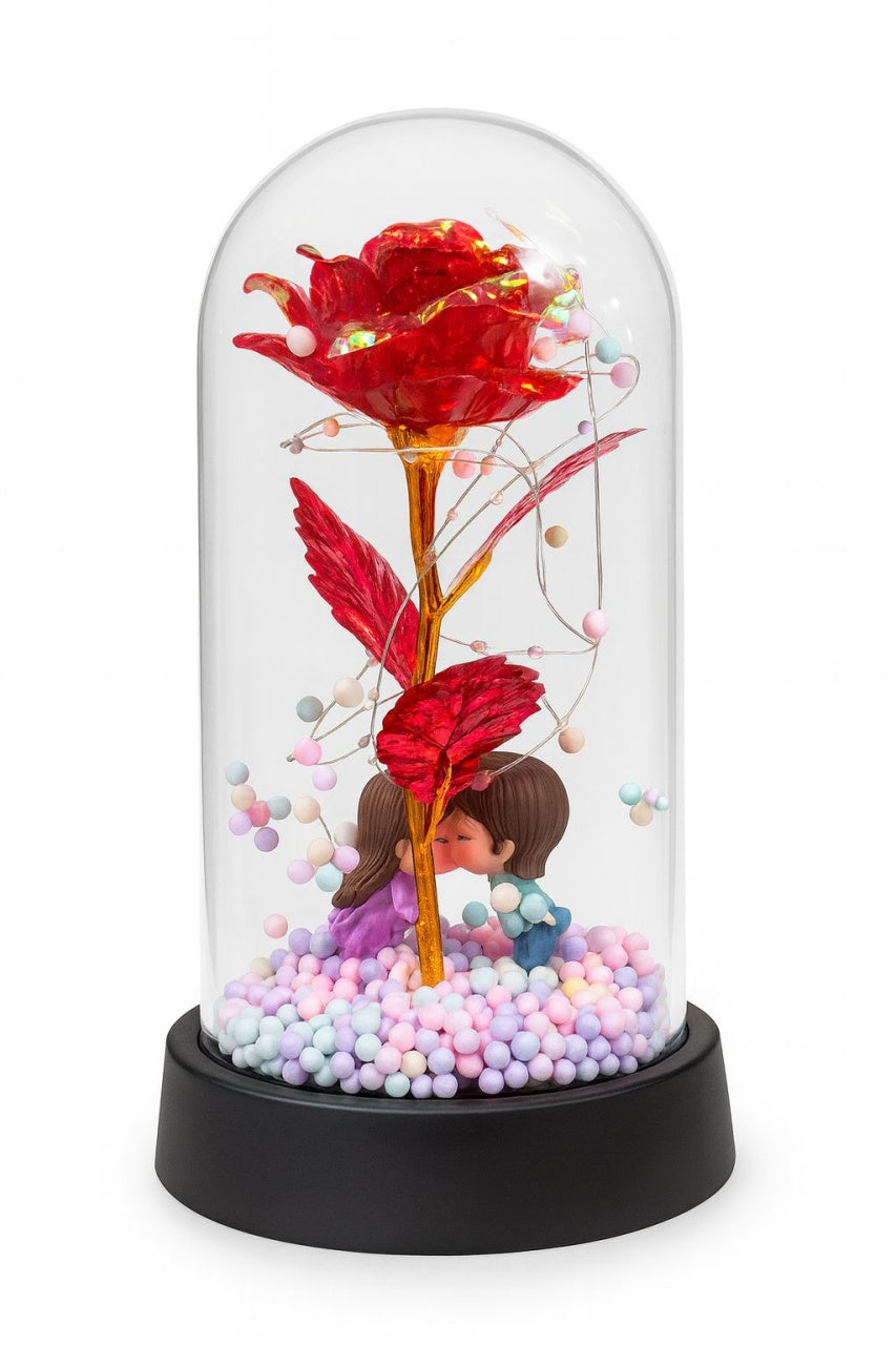 Trandafir Etern Rosu in Cupola Plastic 20 cm Lumini LED , Figurine Indragostiti Baterii Incluse Cutie Cadou