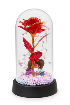 Trandafir Etern Rosu in Cupola Plastic 20 cm Lumini LED , Figurine Indragostiti Baterii Incluse Cutie Cadou