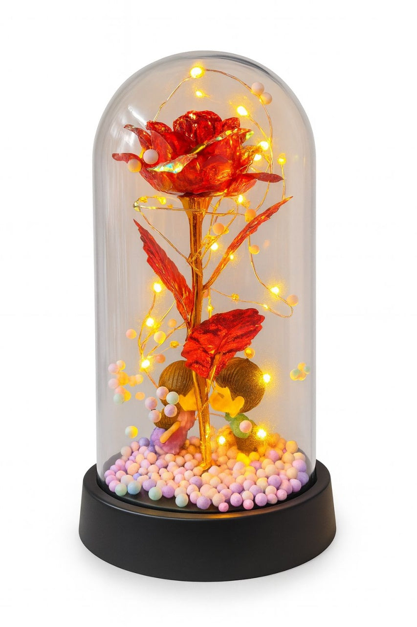 Trandafir Etern Rosu in Cupola Plastic 20 cm Lumini LED , Figurine Indragostiti Baterii Incluse Cutie Cadou