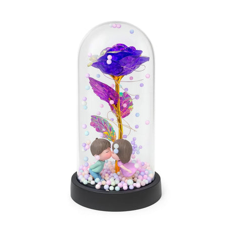 Trandafir Etern Violet in Cupola Plastic 20 cm Lumini LED , Figurine Indragostiti Baterii Incluse Cutie Cadou
