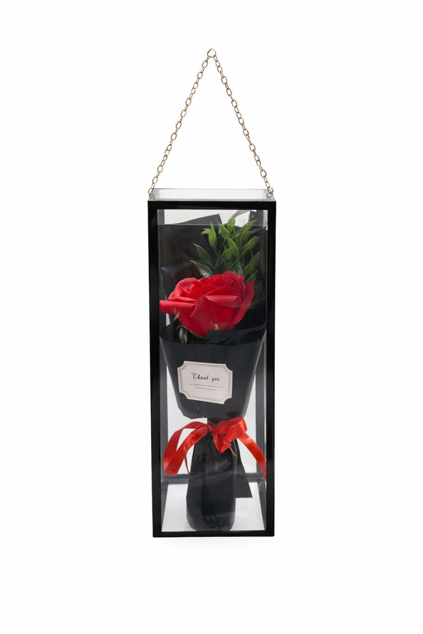 Trandafir Spuma Rosu in Cutie Decorativa Neagra Transparenta 26cm