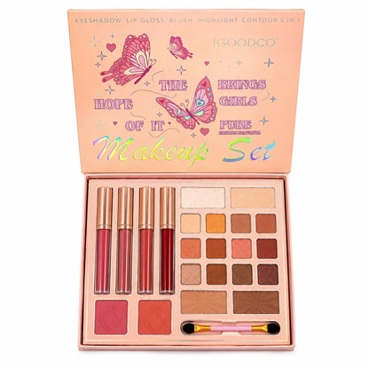 Trusă de Machiaj 5 în 1, 18 Farduri, 4 Glossuri, Blush, Highlighter și Contur, Set Cadou