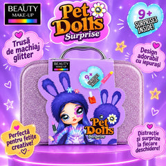 Trusă de Machiaj pentru Copii cu 9+ Surprize, Beauty Make-Up Pet Dolls, Valiză Glitter, Culoare Aleatorie