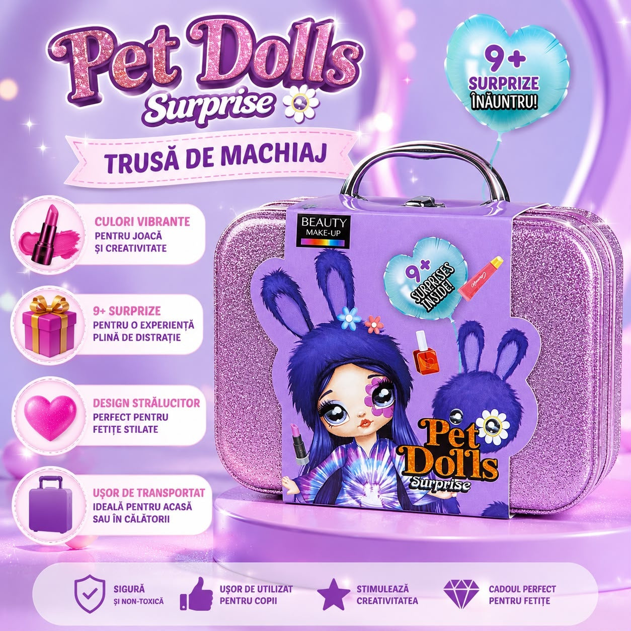 Trusă de Machiaj pentru Copii cu 9+ Surprize, Beauty Make-Up Pet Dolls, Valiză Glitter, Culoare Aleatorie