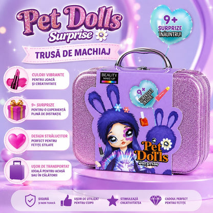 Trusă de Machiaj pentru Copii cu 9+ Surprize, Beauty Make-Up Pet Dolls, Valiză Glitter, Culoare Aleatorie
