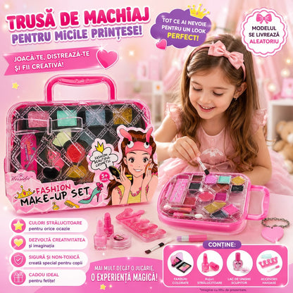 Trusă de Machiaj pentru Copii cu Farduri, Rujuri și Accesorii, Valiză Portabilă – Model Aleatoriu