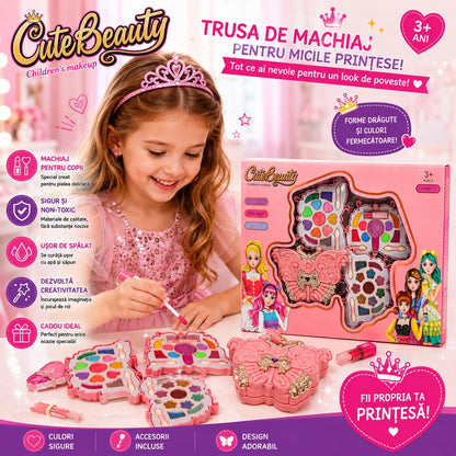 Trusă de Machiaj pentru Copii Cute Beauty – Set Machiaj Tip Fluture cu Farduri, Ruj și Accesorii