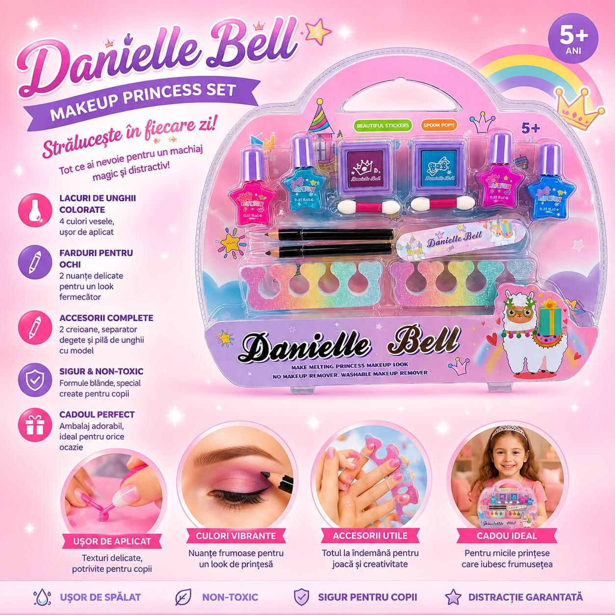 Trusă de Machiaj pentru Copii Danielle Bell Princess Set cu Oje, Farduri, Accesorii și Stickere