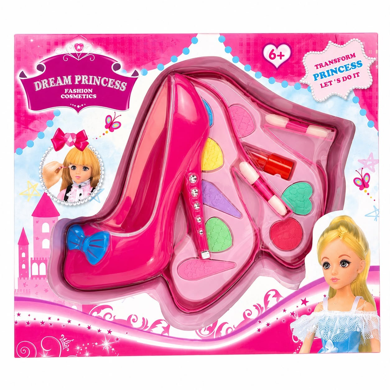 Trusă de Machiaj pentru Copii Dream Princess, 10cm – Set Machiaj în Formă de Pantof, Farduri și Accesorii