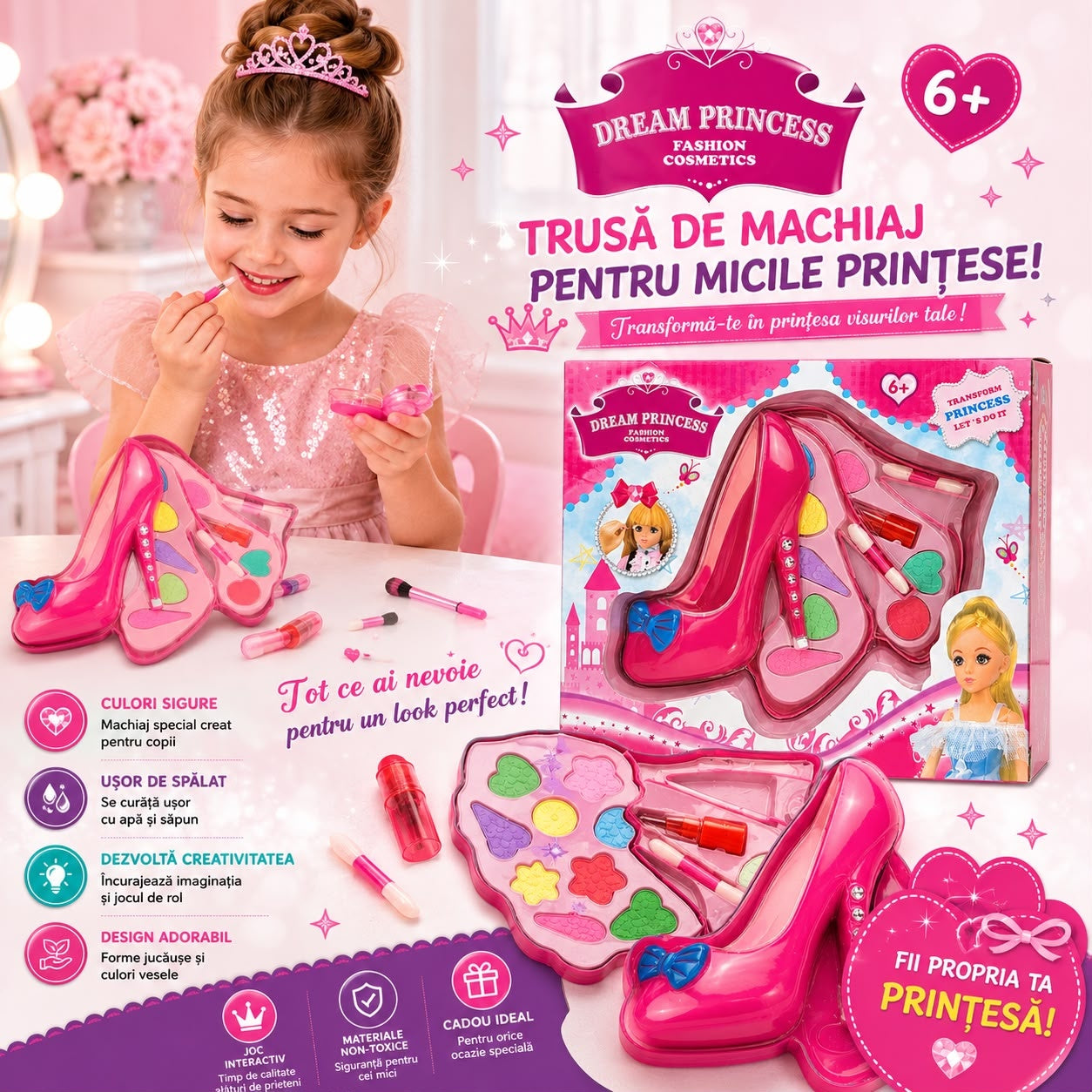 Trusă de Machiaj pentru Copii Dream Princess, 10cm – Set Machiaj în Formă de Pantof, Farduri și Accesorii