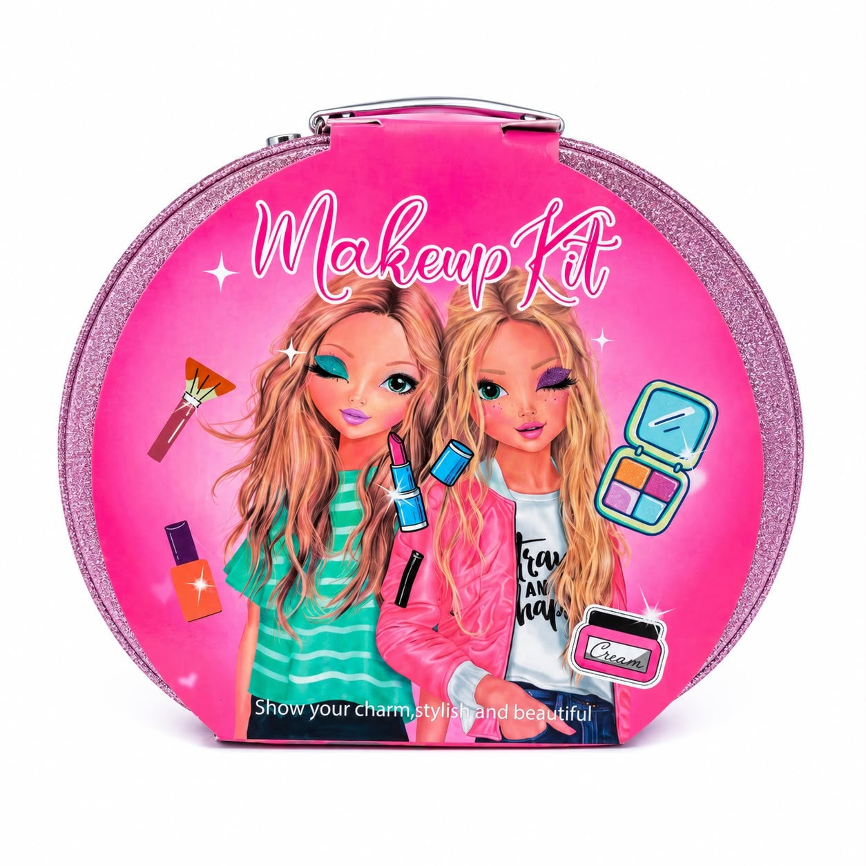Trusă de Machiaj pentru Copii în Cutie Rotundă cu Sclipici, Set Cosmetic de Joacă, 3+ Ani