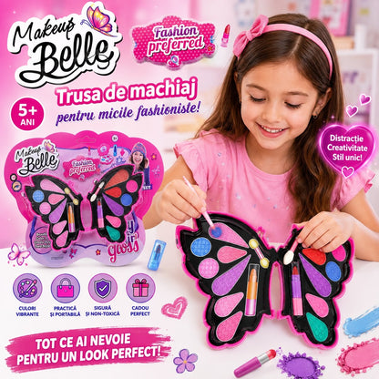Trusă de Machiaj pentru Copii în Formă de Fluture, Makeup Belle, Set Cosmetic cu Oglindă și Accesorii