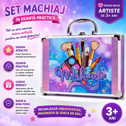 Trusă de Machiaj pentru Copii în Geantă Metalică, Set Cosmetic de Joacă, 3+ Ani